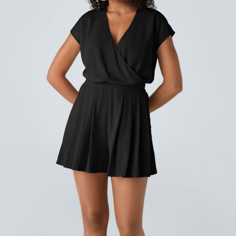 V Neck Short Sleeve Plicated Side Pocket Waffle Casual Jumpsuit